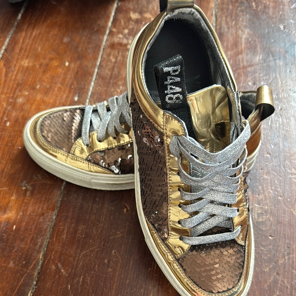 Gold and Brown Sequin Sneakers with Silver Laces